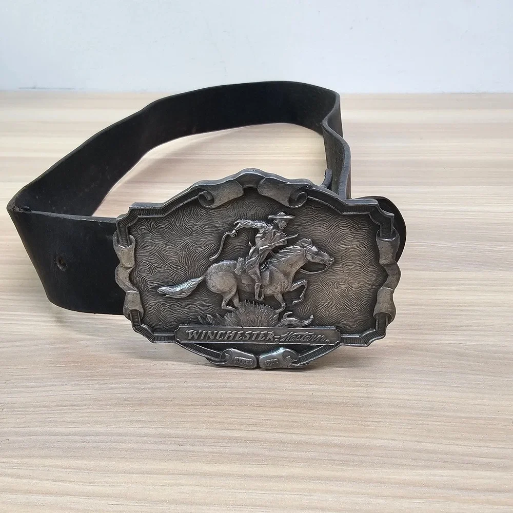 Mens Leather Work Belt 32 S Black 80s Winchester Western Heavy Buckle Pony Rodeo